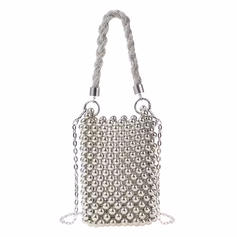 Silver, variant on Acrylic Beaded Phone Bag with Detachable Metal Handle & Shoulder Strap Clutch Evening Bag for Wedding and Party