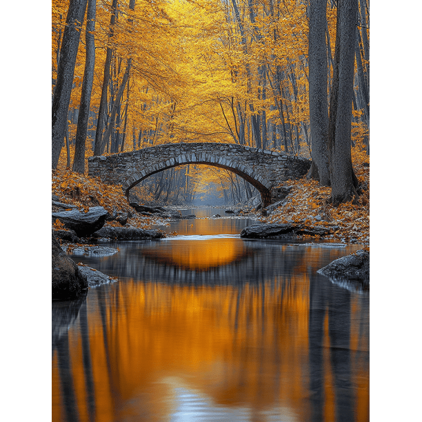 Qisvanset 12x16 Inch Golden Foliage Autumn Bridge Canvas Wall Art, Stone Bridge Reflection Rustic Decor