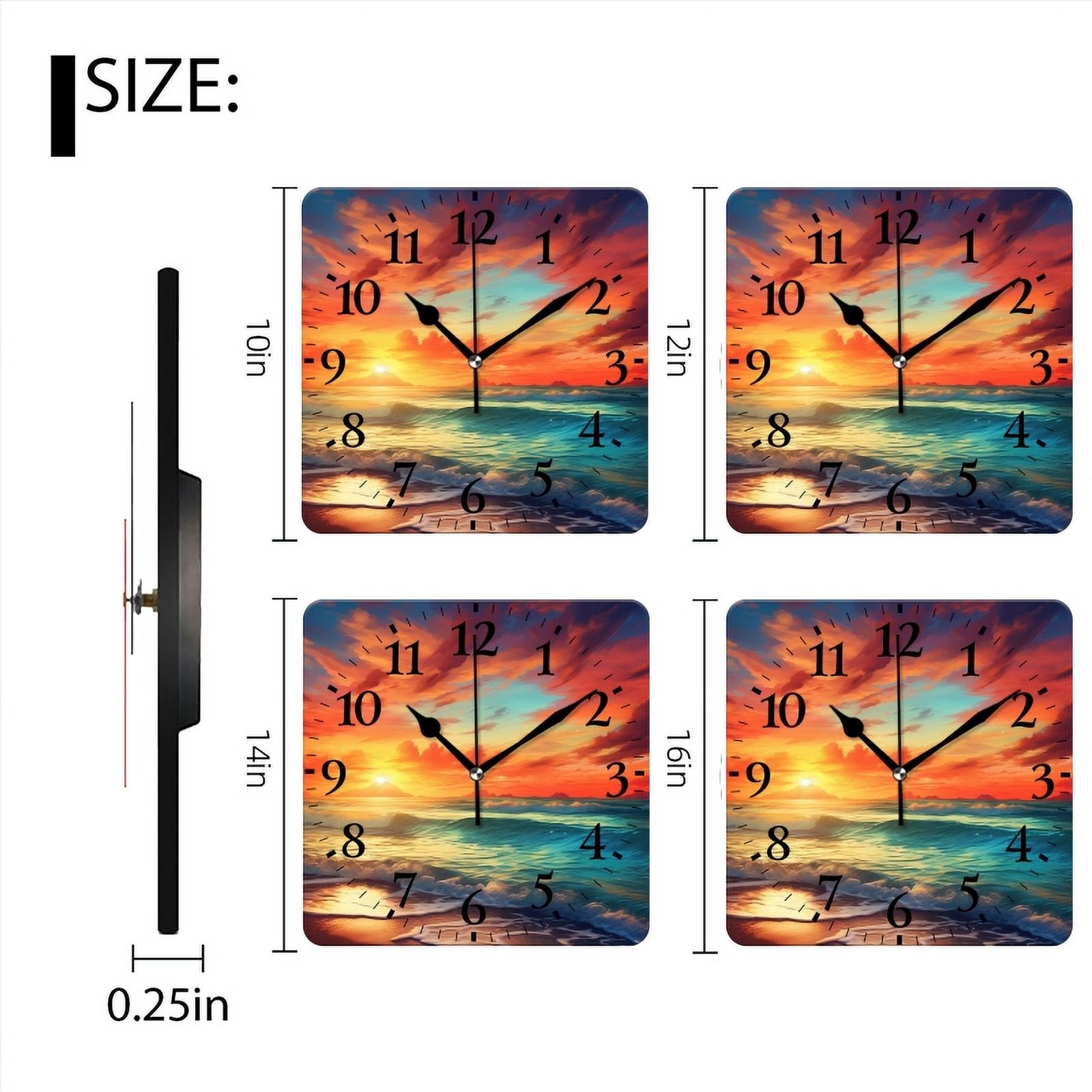 Square Wall Clock,The Sunset On The Beach With Colorful Clouds In The Sky,Silent Non-Ticking Wall Clock Decor for Home Office Kitchen Living Room Bedroom(14inch)