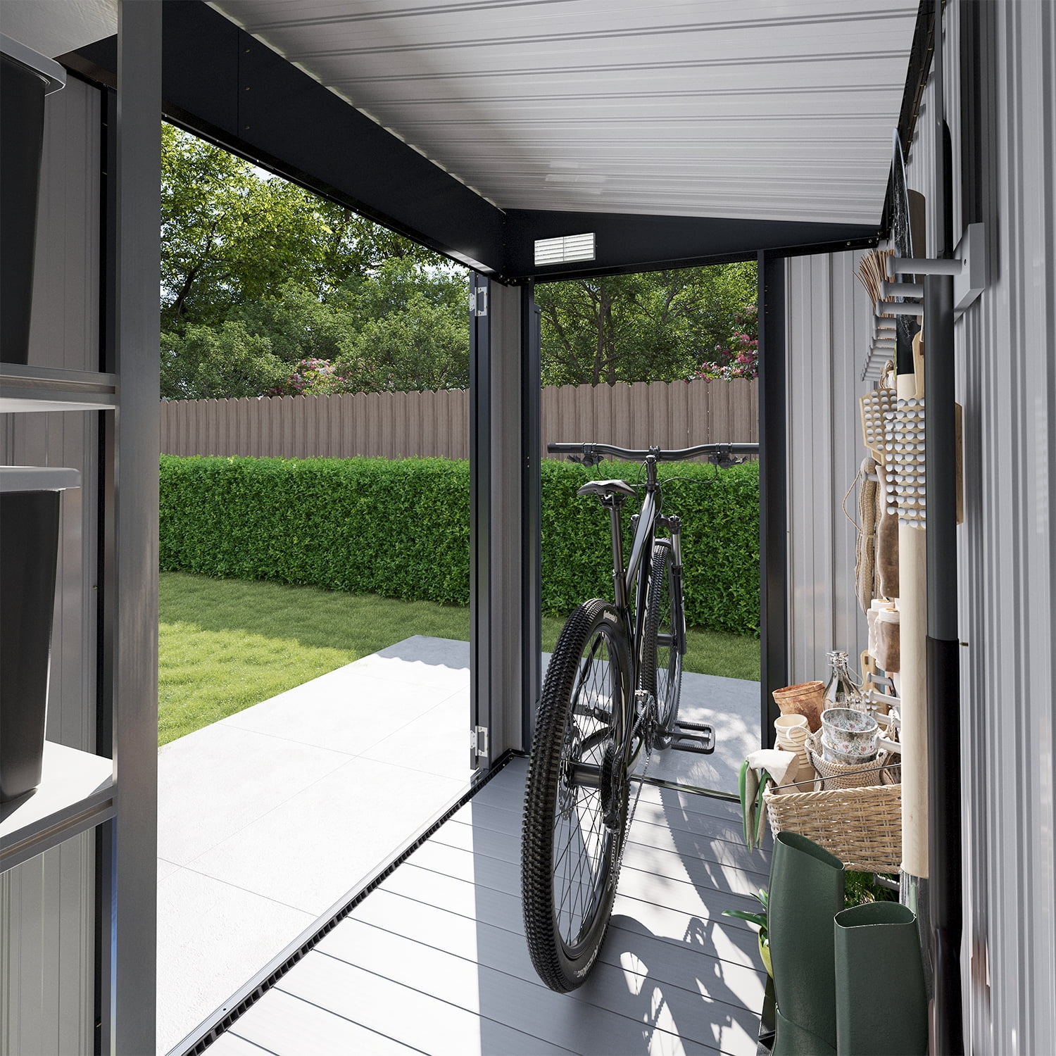 BaPiPro 8'x4' Lean-to Metal Storage Shed with Floor, Outdoor Lockable Shed with Triple Doors & Vents for Garden, Backyard, Patio - Black