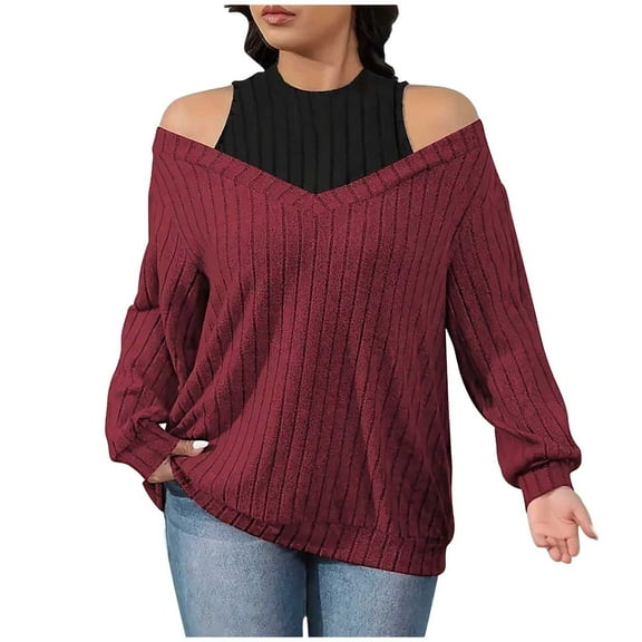 Nfurl Cold Shoulder Tops for Women Loose Fit Ribbed Knit Shirts Trendy Mock Neck Tops Plus Size Sweater Ladies Fall Winter Clothes Wine XXXXXL