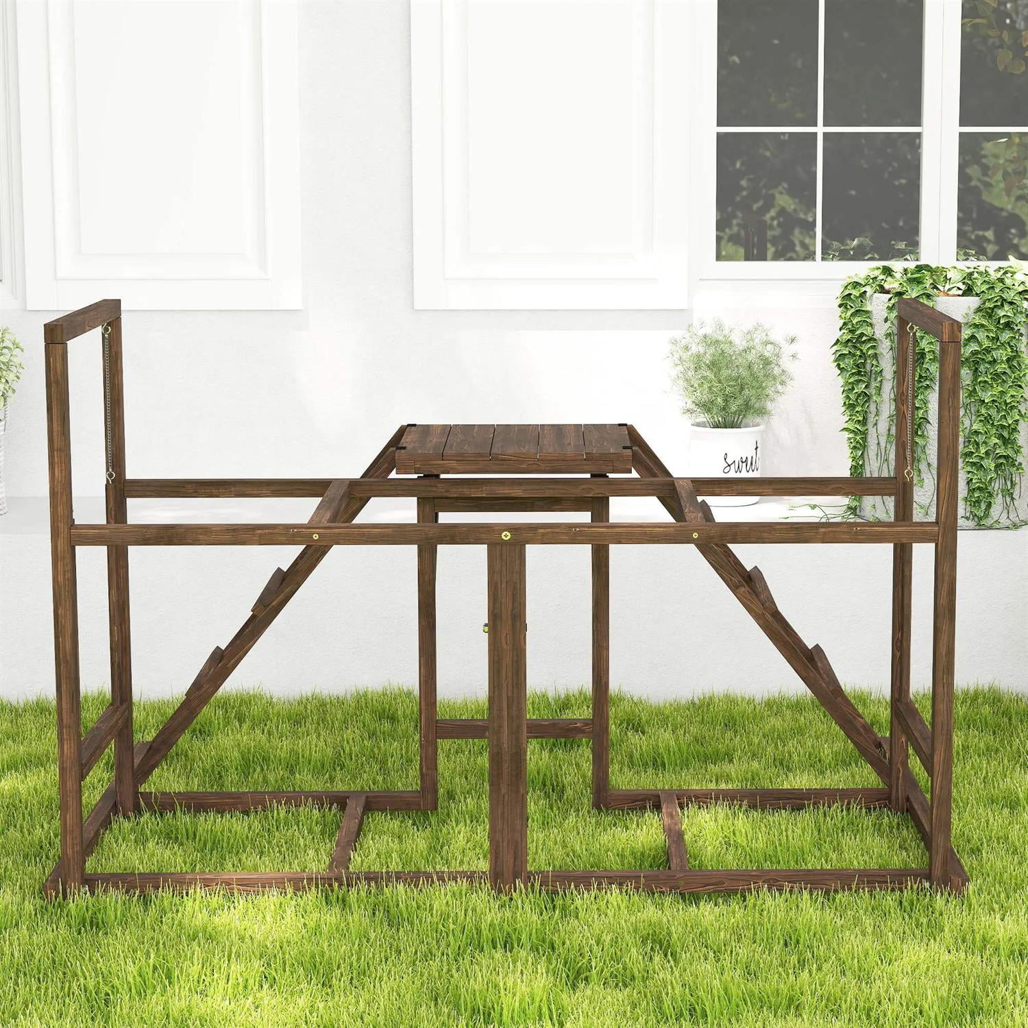 Pefilos 60" Wooden Chicken Activity Play Set for 3-4 Chicken, Outdoor Hen House Accessory with Perch, Swing, Ladder, Platforms, Feeder Storage, for Garden, Brown