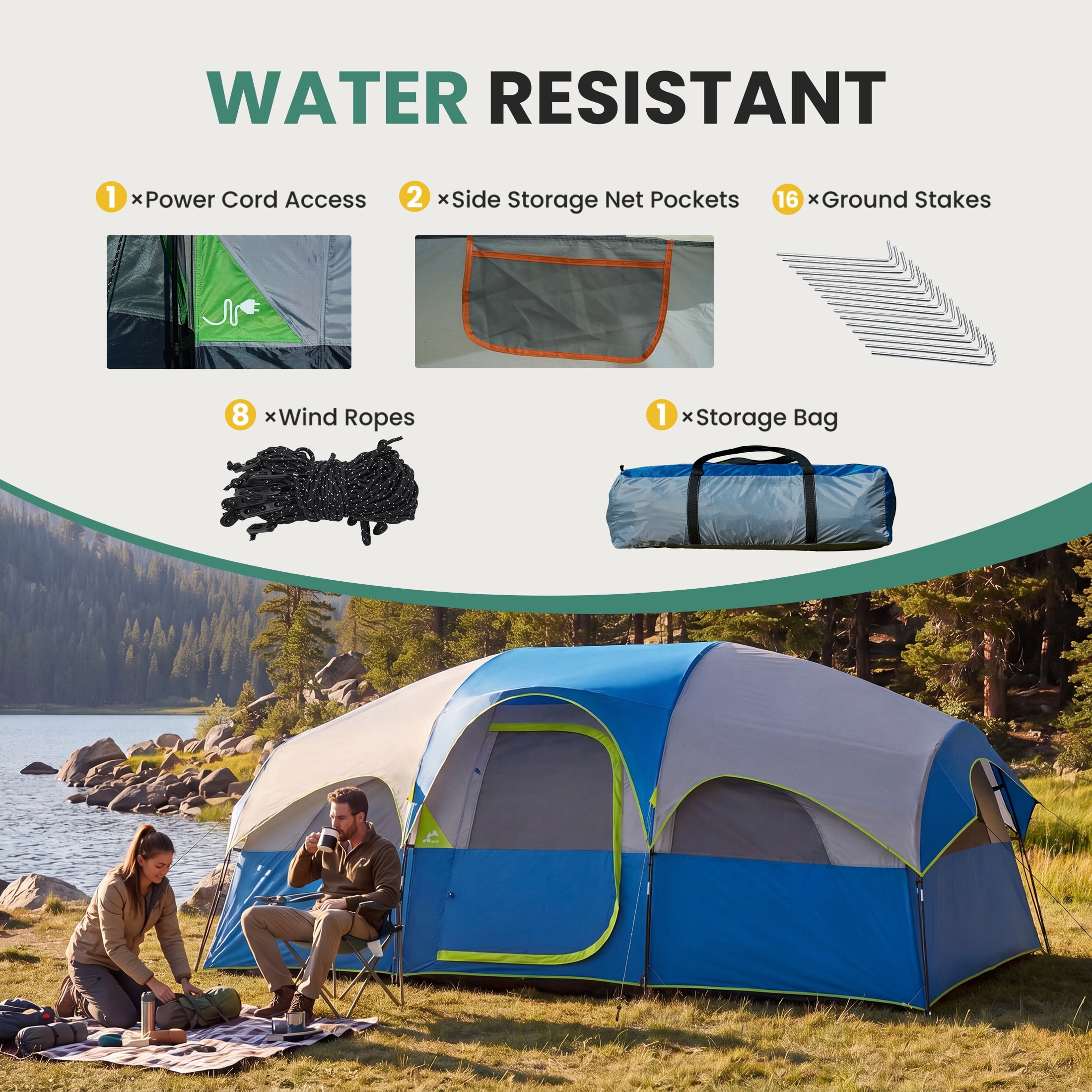 EDX 8-Person Camping Tent with Waterproof Double Layer & Standing Height Cabin, Mesh Roof, Divided Curtain, Easy Setup & Family-Friendly, Portable Carry Bag, Spacious for Car Camping, Blue