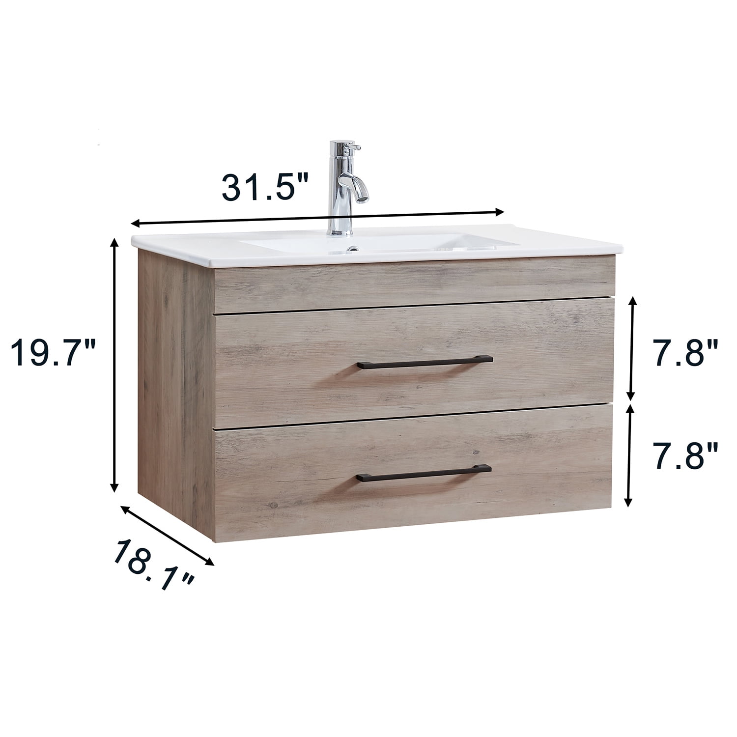Demi Bonn 32" Wood Grain Wall-Mounted Bathroom Vanity with Ceramic Sink and 2 Soft-Close Drawers, Faucets and Drains Not Included, Gray