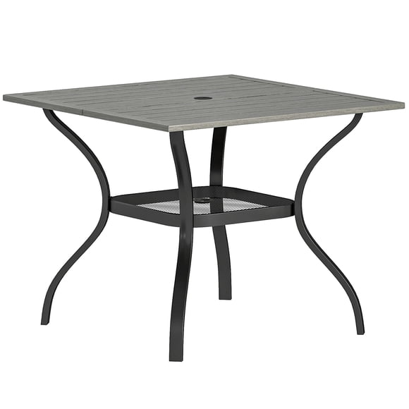 35.4" Square Outdoor Dining Table for 4, Grey Faux Wood Slatted Steel Patio Table with Umbrella Hole and Bottom Storage Shelf for Garden, Balcony, Deck and Backyard