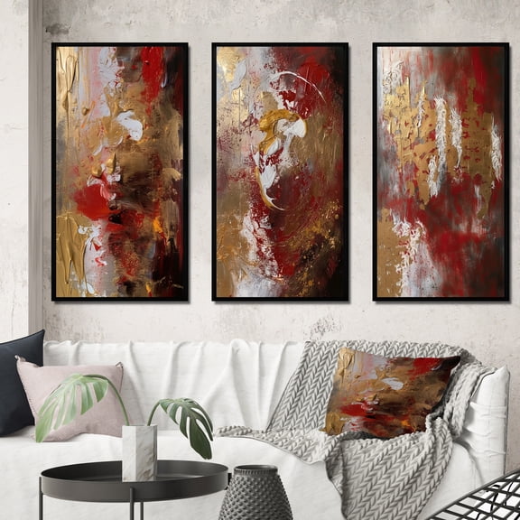 Designart "Ancient Revelations Gold and Red Abstract VI" Abstract Painting Framed Wall Art Set Of 3 - Gold Modern Frame Canvas Set For Living Room Decor