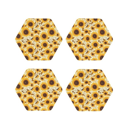 

Leather Coasters Set of 4 - Brown Leaf Pattern Sunflower Lightweight Non-Slip Drink Coasters for Desk Anti-Scalding Desk Cup Coasters for Office Table Decor Hexagon