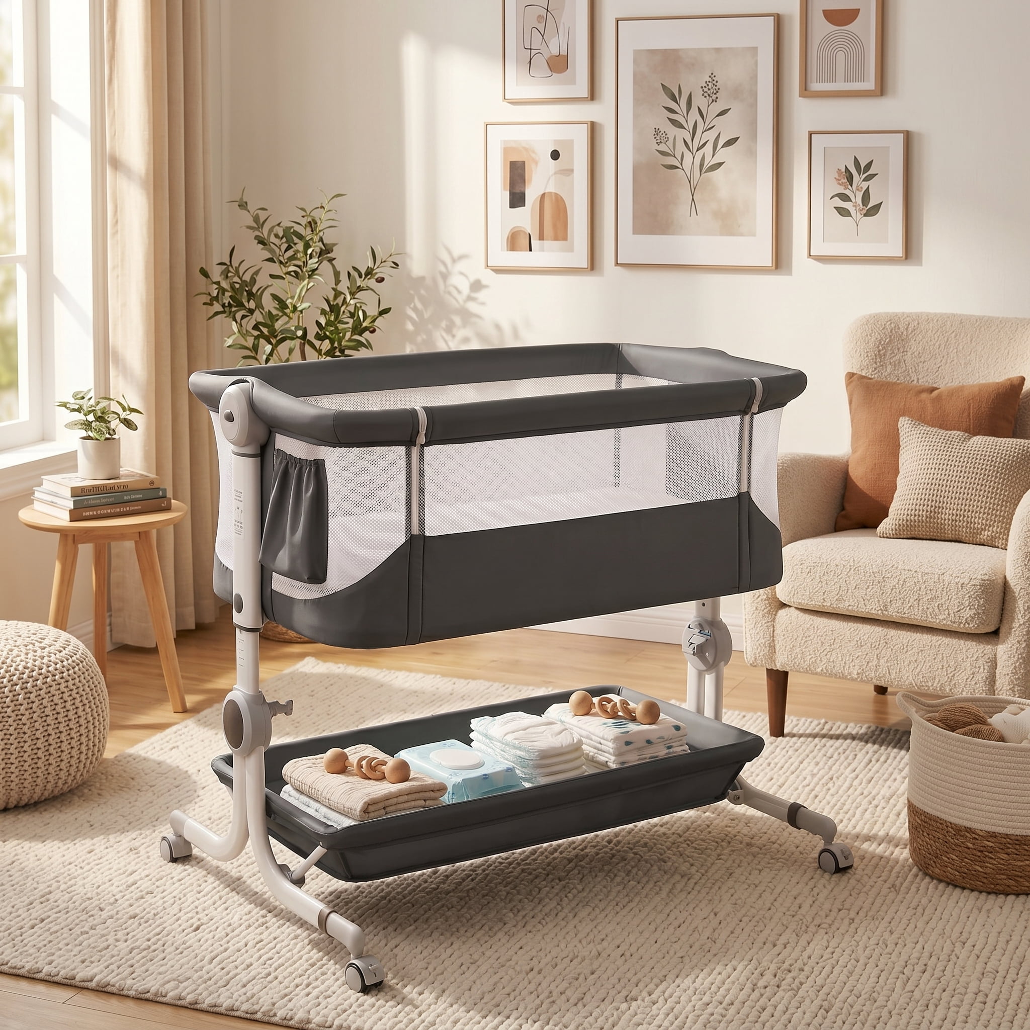 Moveasy Baby Bassinet, with Adjustable Height, Breathable Mesh Sides, Storage Basket, Wheels, Dark Gray