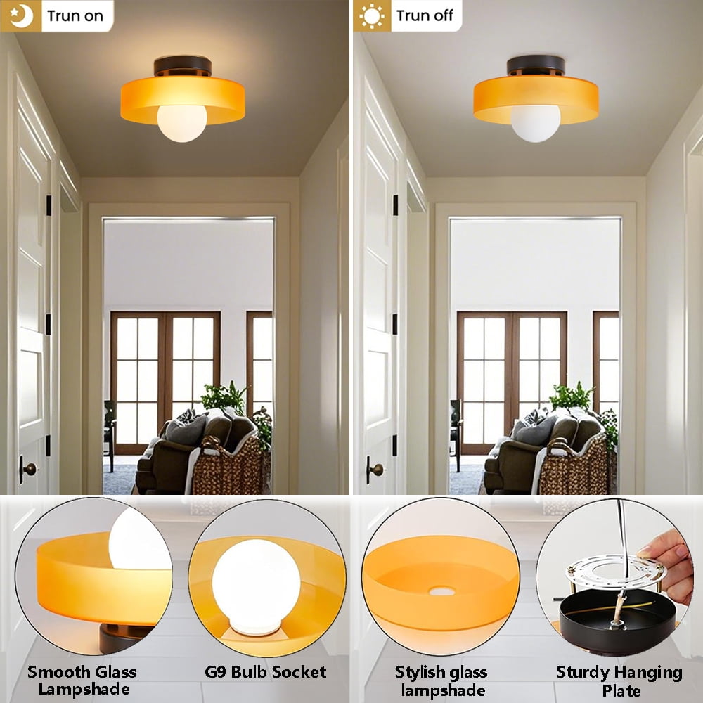 Mid-Century Modern Semi Flush Mount Ceiling Light, Kitchen Ceiling Light Fixture with Glass Shade,Vintage Close to Ceiling Lamp for Entryway Hallway Bathroom