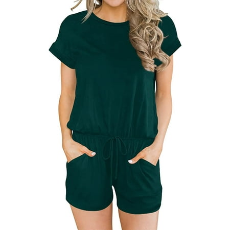 

QWZNDZGR Women s Summer Crewneck Casual Loose Short Sleeve Jumpsuit Rompers One Piece Pajamas Loungewear with Pockets