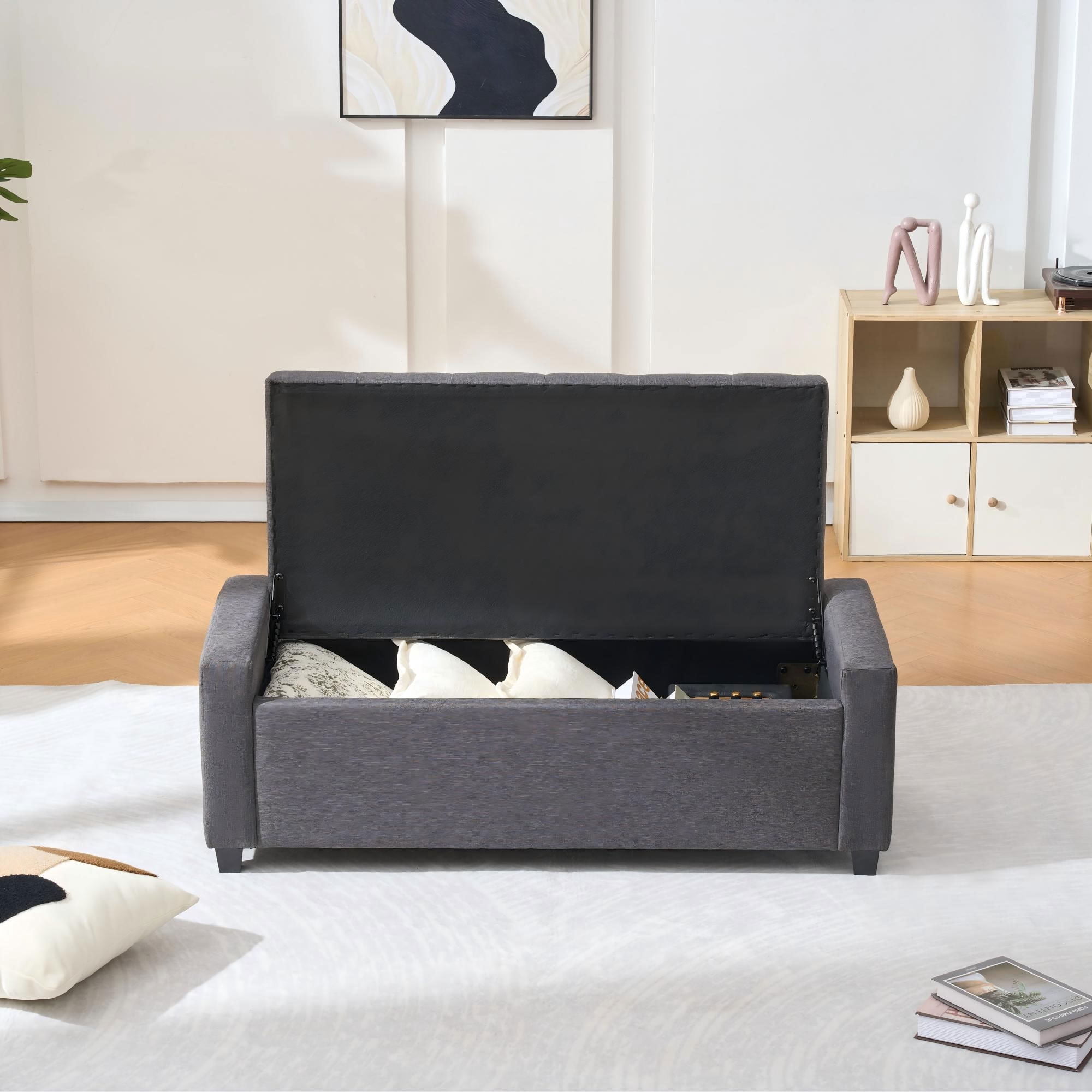 MAYEERTY 48 Inch Tufted Storage Ottoman Bench, Faux Linen Flip-Top Multi-Use Accent Bench for Bedroom Living Room Entryway