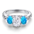 thumbnail image 3 of Gem Stone King 925 Sterling Silver White Moissanite and Blue Opal Filigree Style 3 Stone Ring for Women (2.50 Cttw, Oval 8X6MM and 6X4MM) (Size 6), 3 of 6