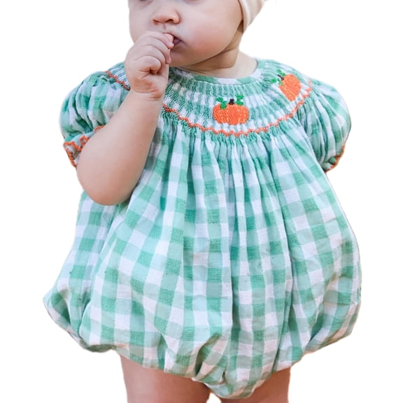 0-3Years Baby Girl Halloween Outfits Pumpkin Plaid Bubble Romper Short Puff Sleeve Bodysuit Cute One Piece Clothes