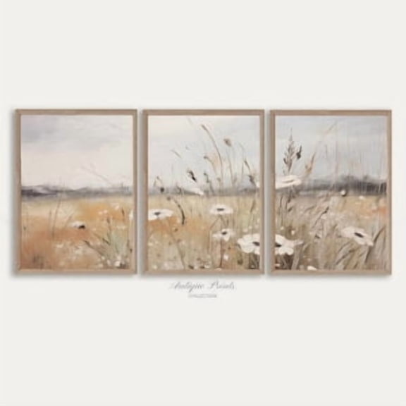 Neutral Countryside Wall Art, Set of 3 Wildflower Prints, Landscape 3 Pieces Vintage Wall Art, Spring Farmhouse Decor, Poster Only