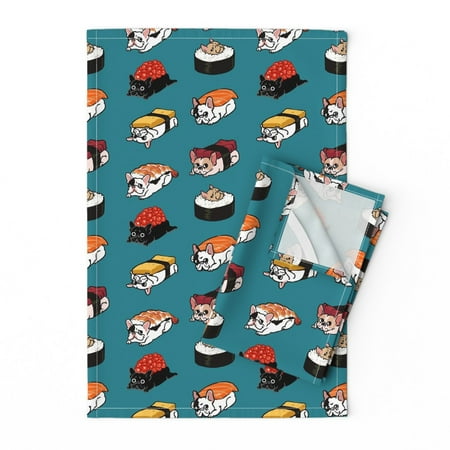 Printed Tea Towel, Linen Cotton Canvas - Sushi Frenchie French Bulldog Japan Food Cute Kitchen Japanese Funny Dogs Animal Print Decorative Kitchen Towel by Spoonflower