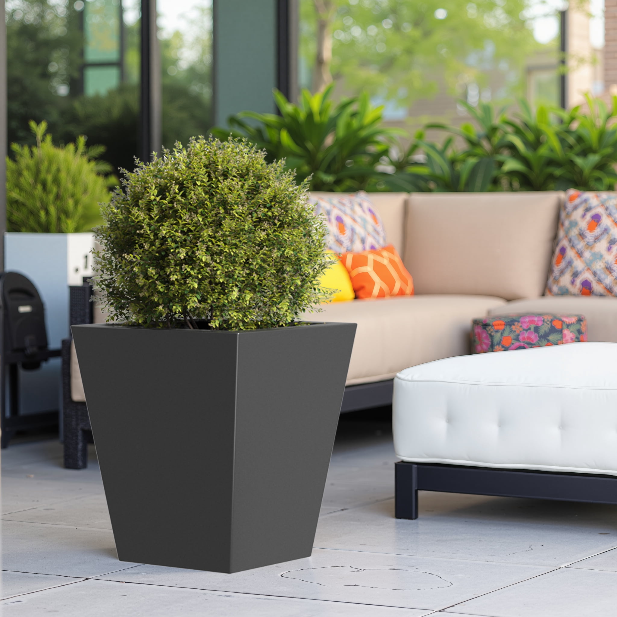 MAYEERTY 18"H Metal Tapered Planter: Large Garden Pot with Drainage Hole & Rubber Plug for Patio, Black
