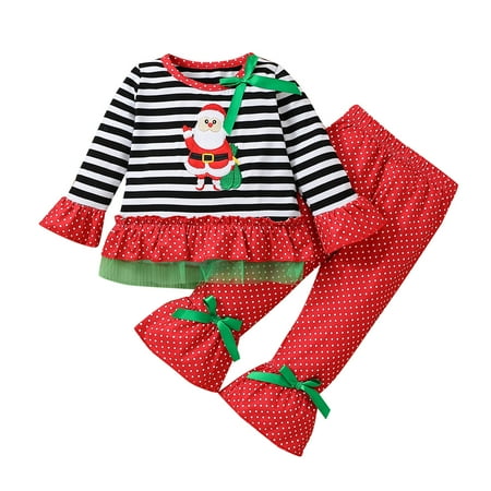

Toddler Girls Outfit Christmas Long Sleeve Ruffles Cartoon Striped Santa Prints T Shirt Tops Bell Bottoms Flare Pants Kids Outfits
