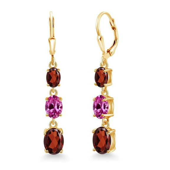 Gem Stone King 18K Yellow Gold Plated Silver Red Garnet 3 Stone Dangle Earrings for Women (5.94 Cttw, Gemstone January Birthstone, Oval 8X6MM, 7X5MM and 6X4MM)