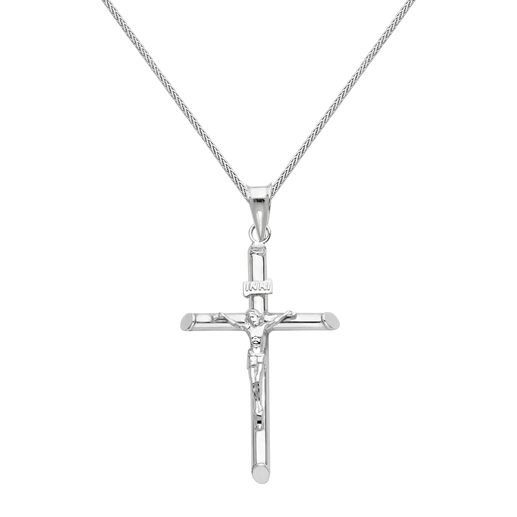 14k White Gold Catholic INRI Cross Charm Crucifix with Jesus Pendant Necklace