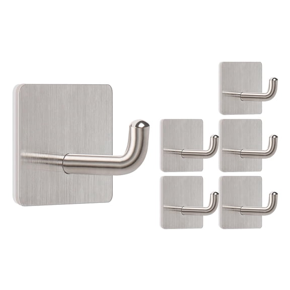 Emlimny Heavy Duty Adhesive Hooks, 6-Pack 304 Stainless Steel Self-Stick Wall Hooks, Waterproof No Drill Towel Hangers for Bathroom Shower Kitchen Bedroom, Holds Robe Clothes Coat