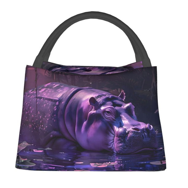 Easygdp Purple Hippo In Water Bolsa de Almuerzo Insulada Reutilizable, Bolsa de Mano y Bandolera para Oficina, Trabajo, Viajes
