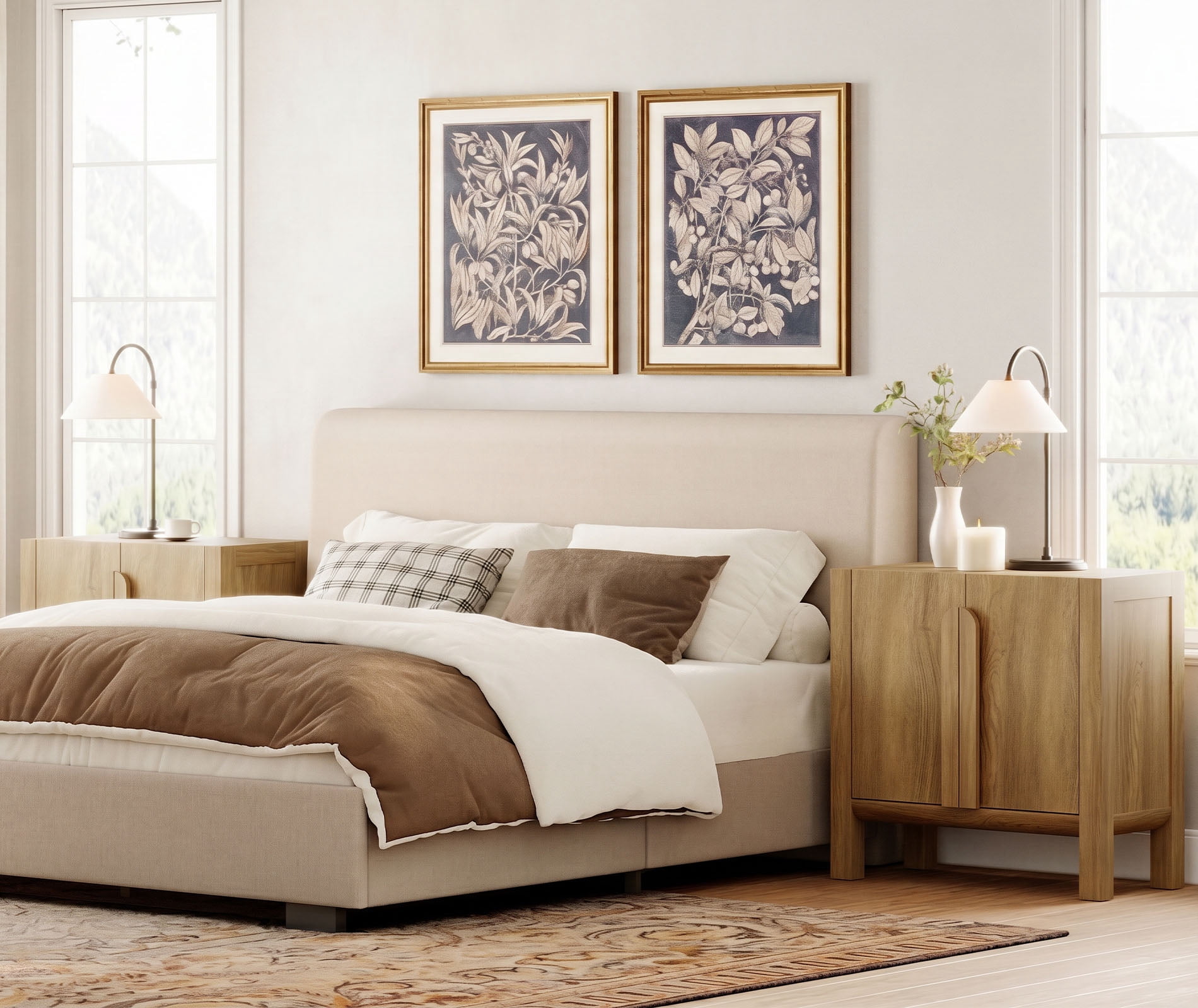Mid-Century Modern Nightstand Set of 2, 31.5" Large End Table with Doors ,, Wooden Bedside Table Storage Cabinet for Bedroom, Living Room,Entryway