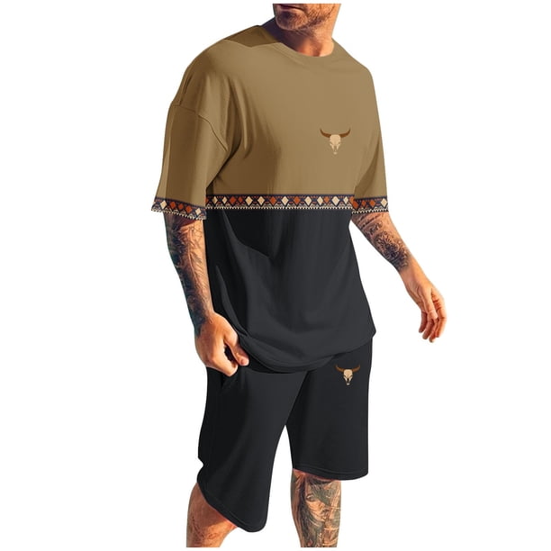 Pantalones Elásticos de la Cintura de los Hombres de la Impresión de los Pantalones Cortos Delgados Deportivos, Cuello Redondo de la Blusa de Manga Corta
