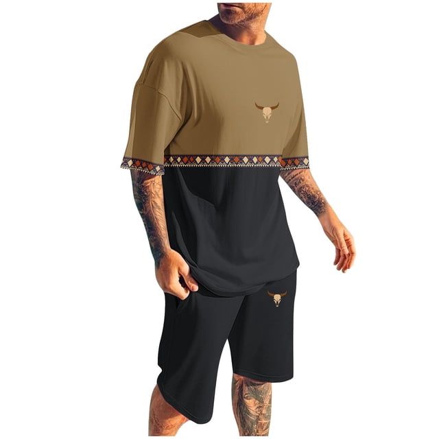 Pantalones Elásticos de la Cintura de los Hombres de la Impresión de los Pantalones Cortos Delgados Deportivos, Cuello Redondo de la Blusa de Manga Corta