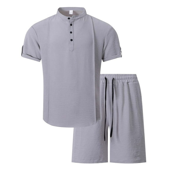 Stamzod Mens Summer Outfits 2 Piece Solid Color Stand-Up Short Sleeve Shirts and Shorts Set Daily Casual Loose Plus Size Sweatsuits for Men Gray XXL