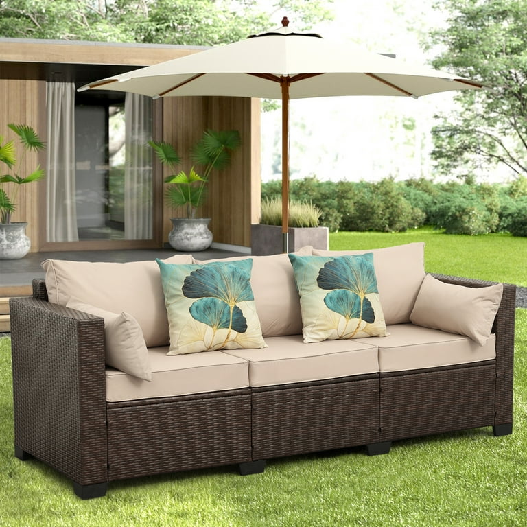 Waroom 3 Seat Patio Wicker Couch Outdoor Rattan Sofa Furniture Steel Frame High Back No Slip Cushioned Furniture Cover Khaki
