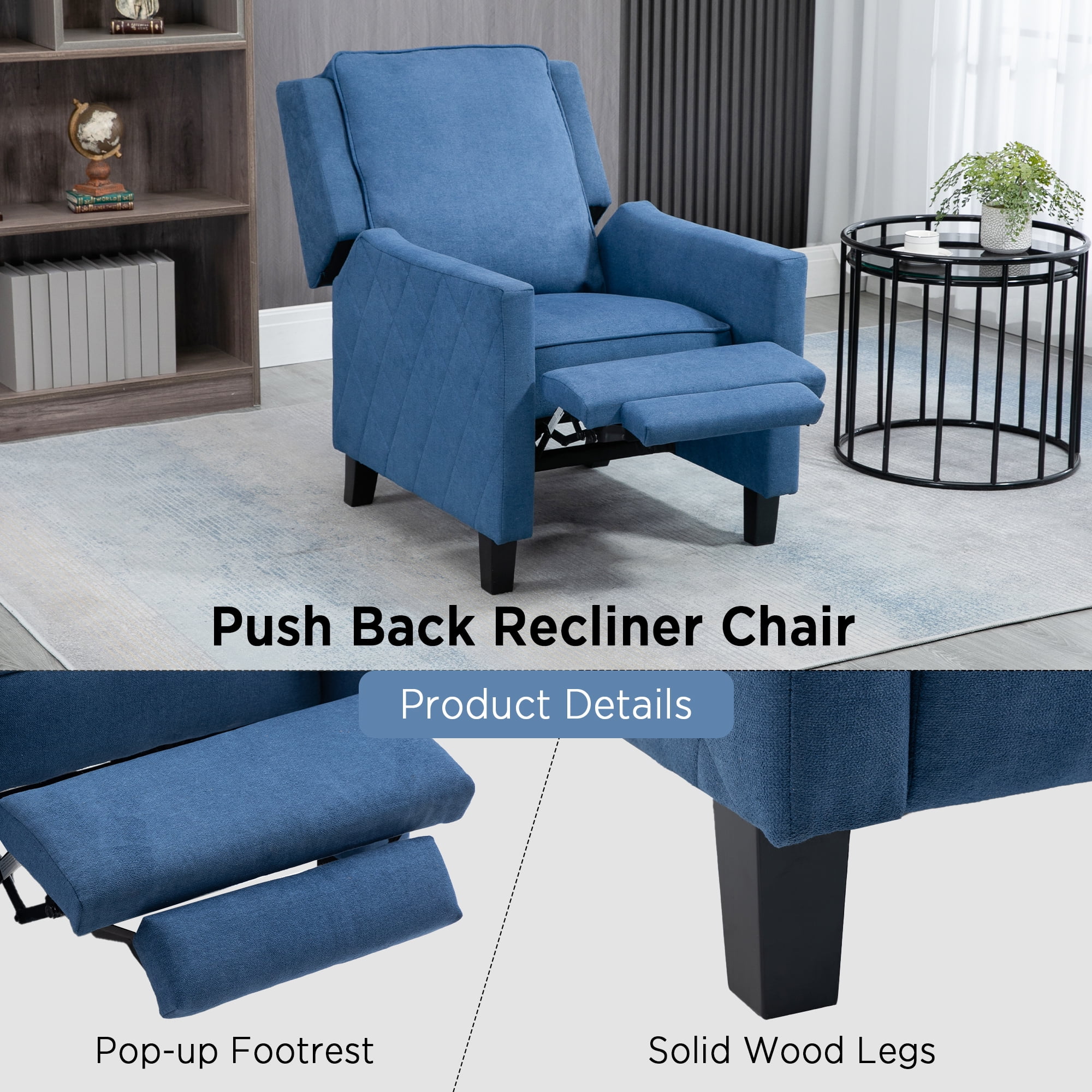 AVAWING Push Back Recliner Chair, Blue Wing Back, Fabrics, Mid-Century Accent, Living Room