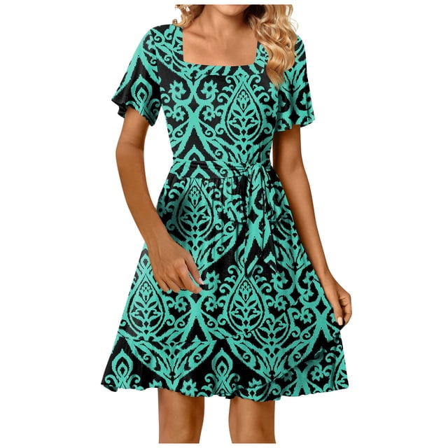 Cameland Robes d'Été pour Femmes Manches Courtes Imprimées Robe Slim Col Carré Robes de Soirée