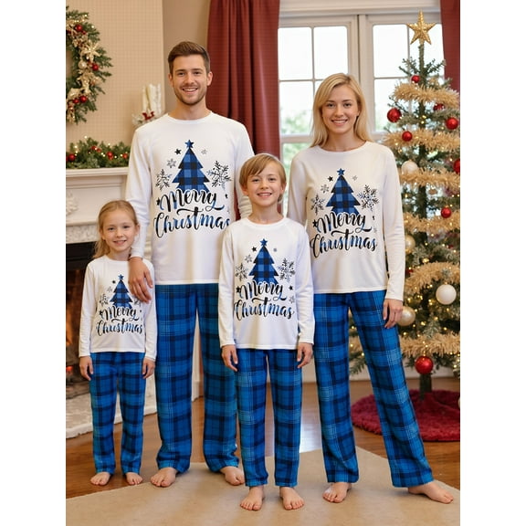 Jaweiwi Family Matching Christmas Pajamas Set, Christmas Tree&Letter Print Long-Sleeved T shirt Tops Plaid Trousers Holiday Sleepwear Outfits for Women Men Kids Baby