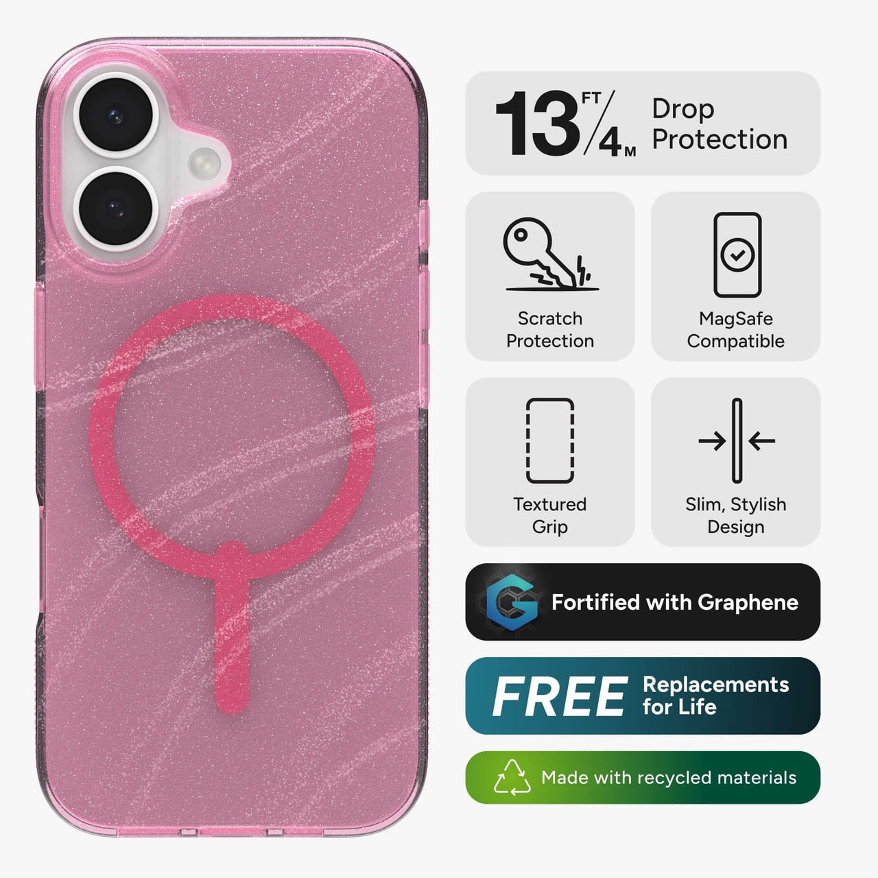 ZAGG Milan Snap Case For iPhone 17 - Pink Glimmering Wave Graphene Strengthened Phone Case with Drop Protection (13ft/4m) Textured Edges & Sparkle Design MagSafe Charging Compatible