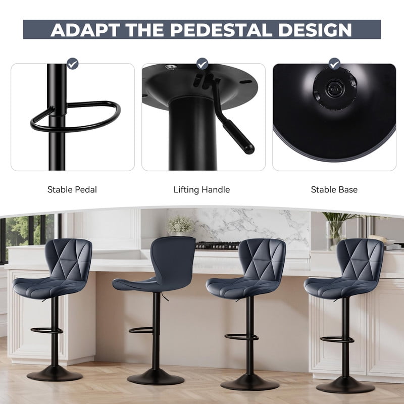 Daluvenix Modern Bar Stools Set of 3, Adjustable Swivel Counter Height Bar Chairs with Back, Faux Leather Upholstered for Kitchen Island, Dark Blue