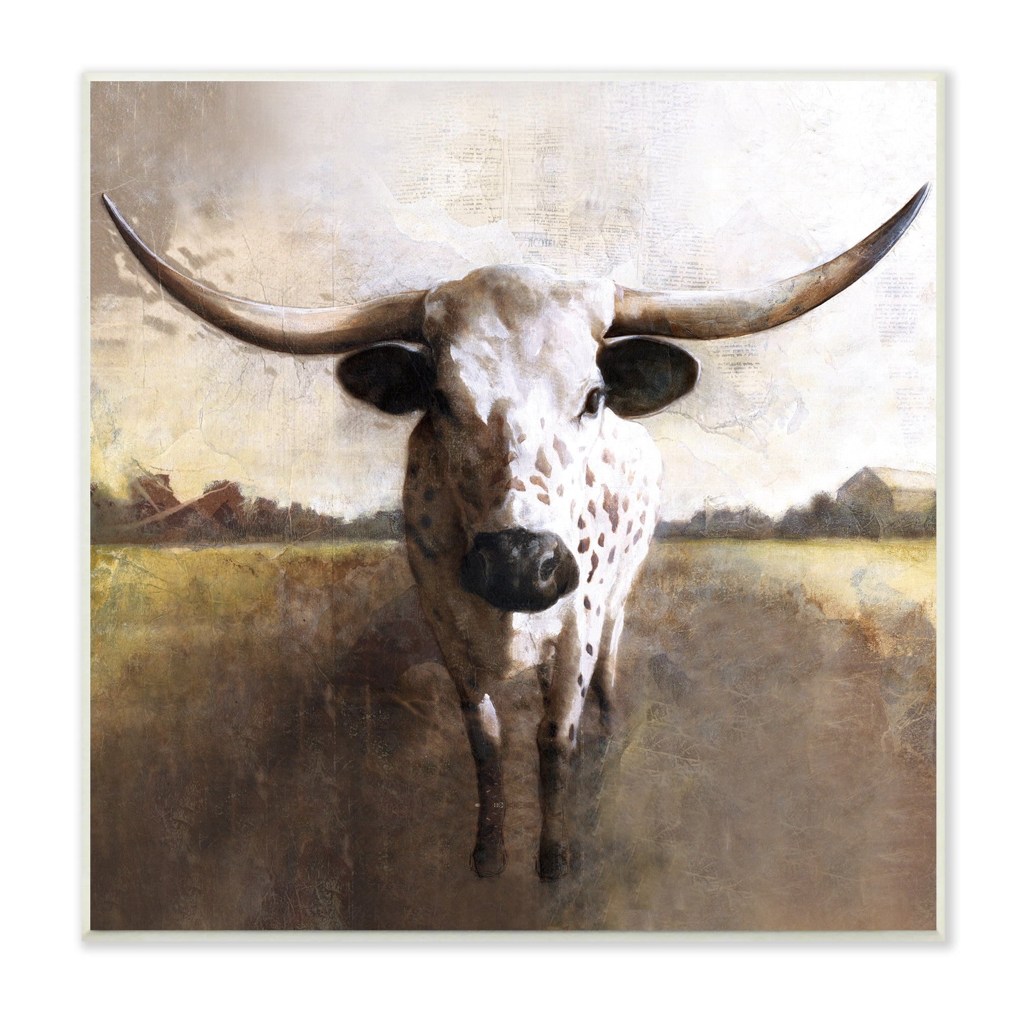 Stupell Industries Striking Longhorn Cattle Warm Sunlight Farmland Grass Wood Wall Art, 12 x 12, Design by White Ladder