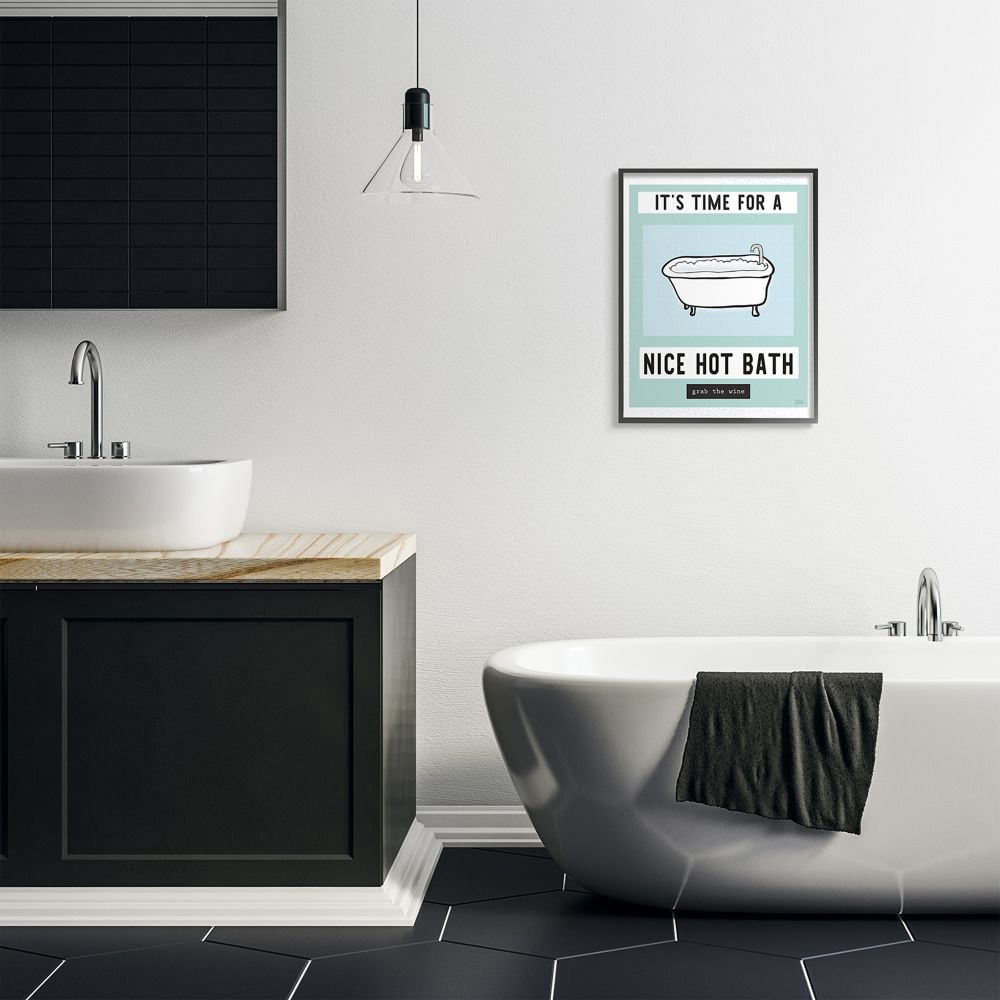 Stupell Industries Hot Bath and Wine Phrase Funny Blue Green Word Design Framed Wall Art Design by Melissa Averinos, 24" x 30", Black Framed