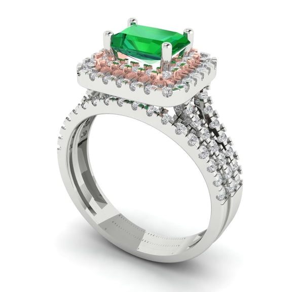 3.05ct Brilliant Emerald Cut Emerald 18K White/Rose Gold Halo Solitaire with Accents Engagement Bridal Wedding Ring Band Set size 4.5