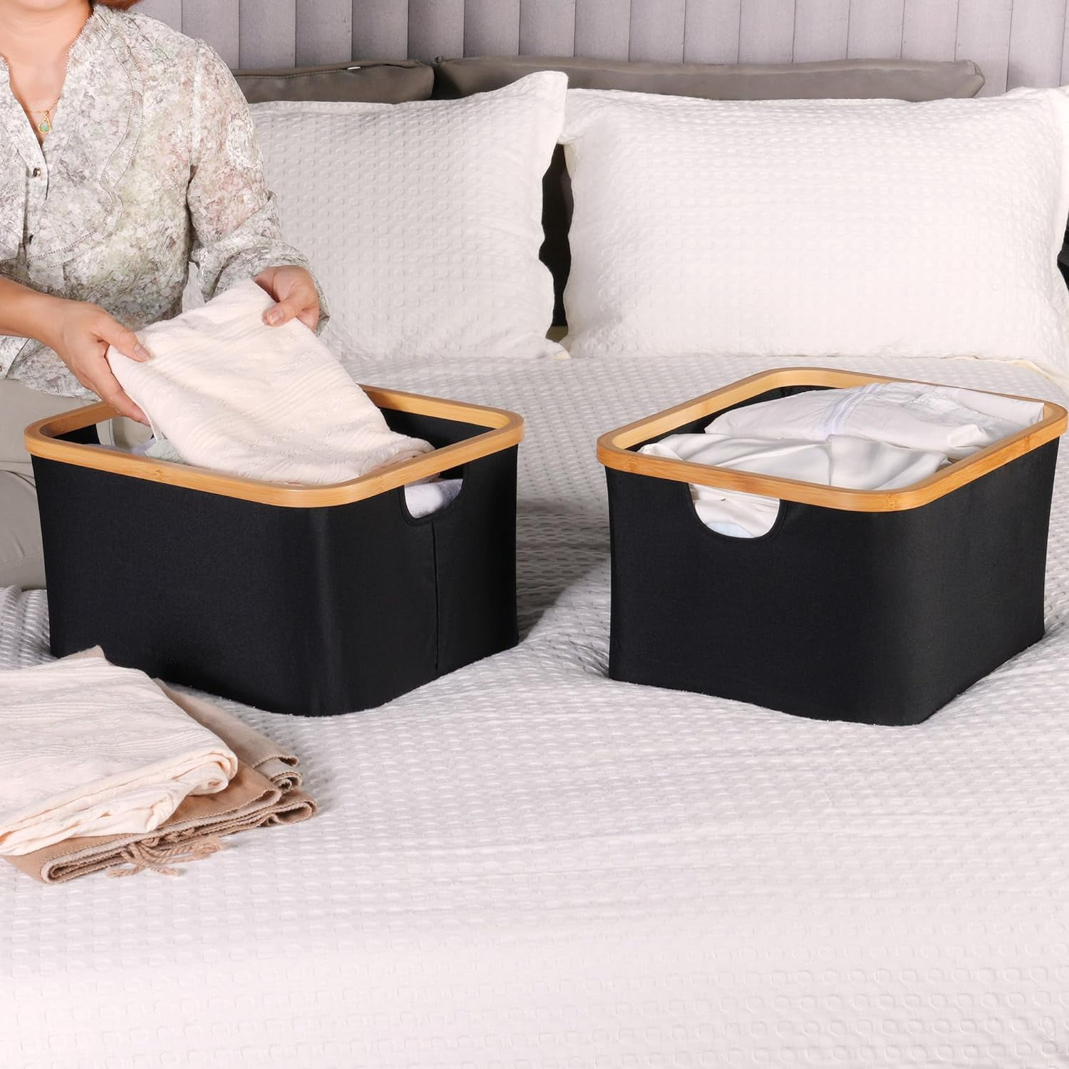 Storage Baskets for Organizing, Fabric Storage Bins with Bamboo Handles, Collapsible Storage Baskets for Shelves and Closet (Black, 16.2'' x 13'' x 9.1'')