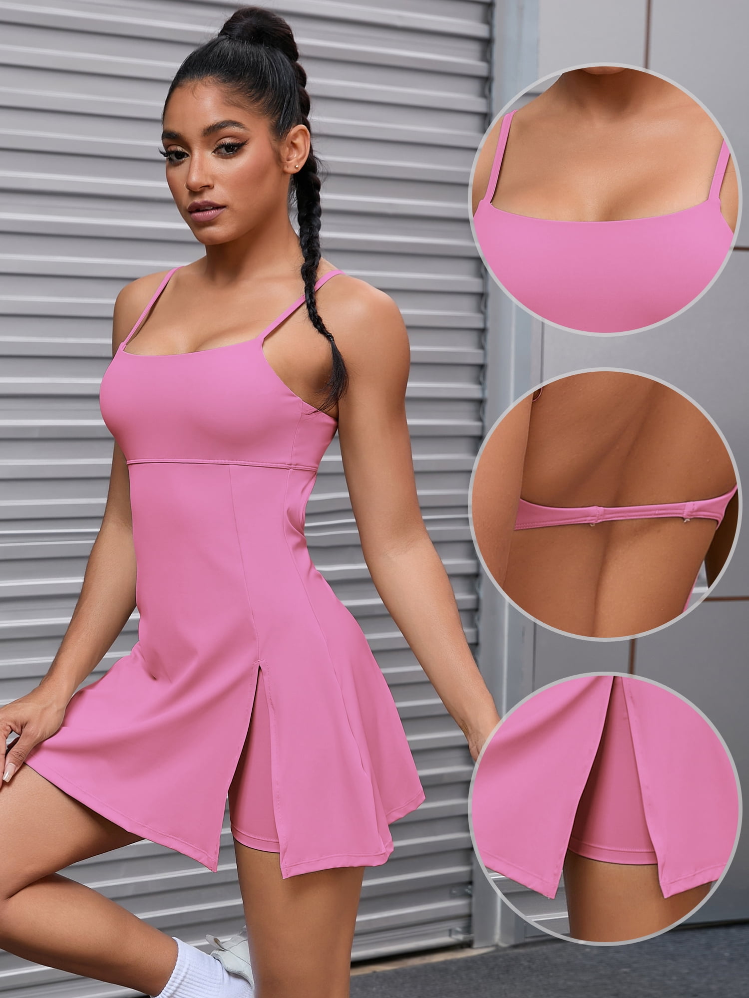Unique Bargains Women's Tennis Dress with Built-in Bra Side Slit Slips Dresses S Pink