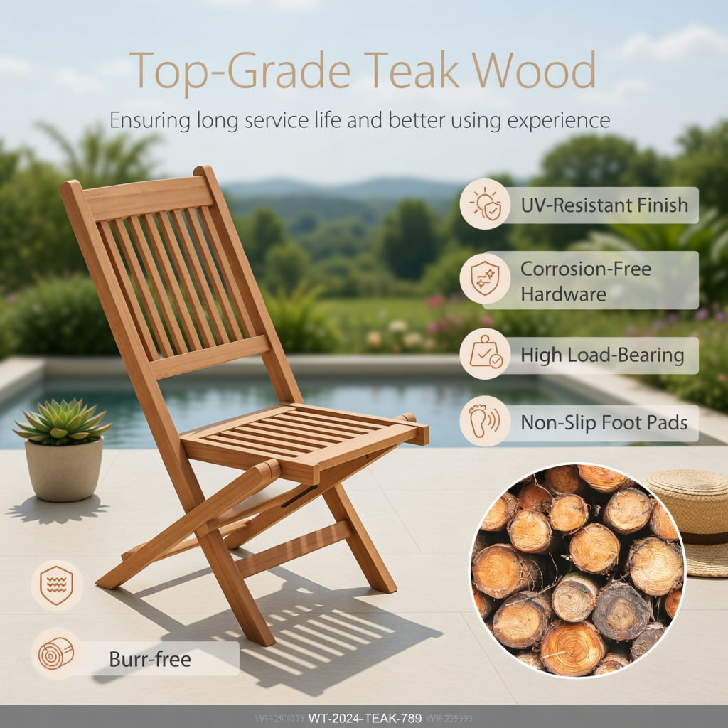 Hommoo Indonesia Teak Wood Folding Patio Dining Chair, Slatted Seat, Lightweight 10 lb Outdoor Chair for Backyard, Poolside & Camping, Natural