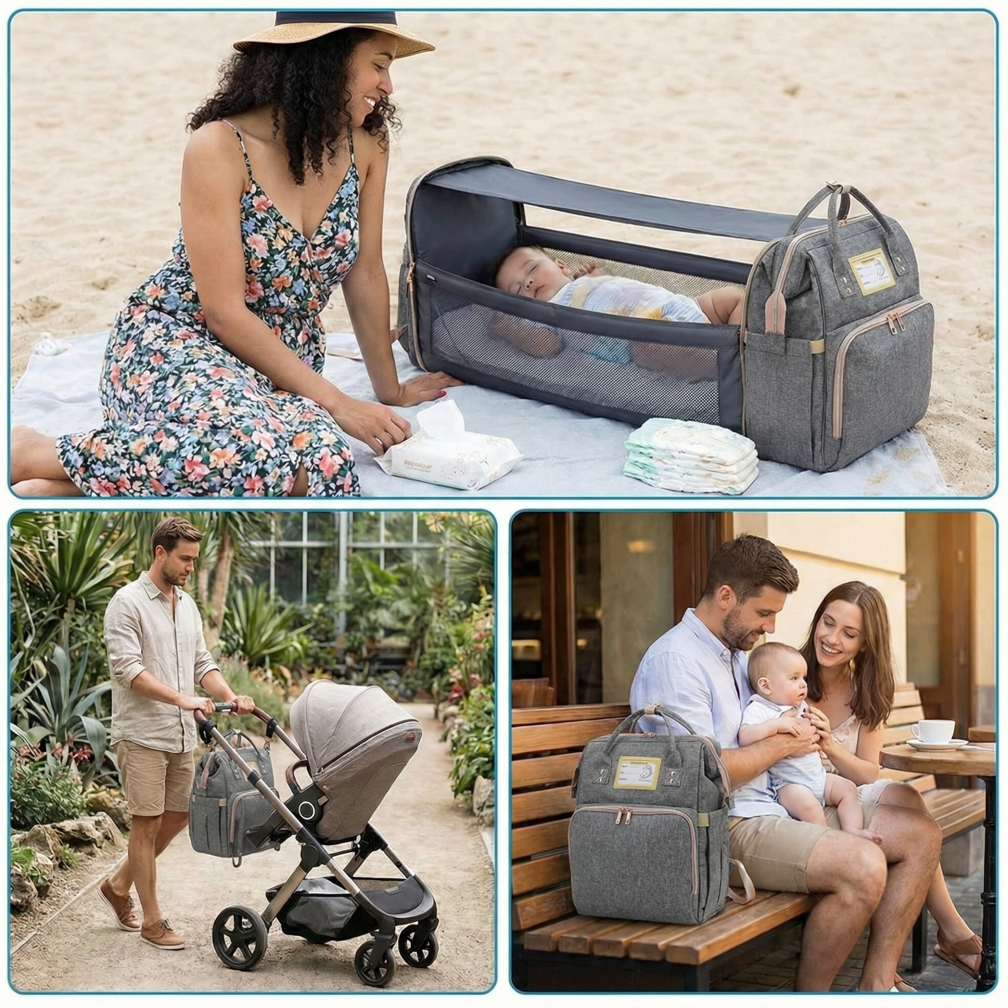 Diaper Bag Backpack, Multifunctional Baby Changing Bag with Foldable Crib and Insulated Bottle Pockets, a Must-Have for Baby Travel, with USB Charging Port and Stroller Straps (Gray)