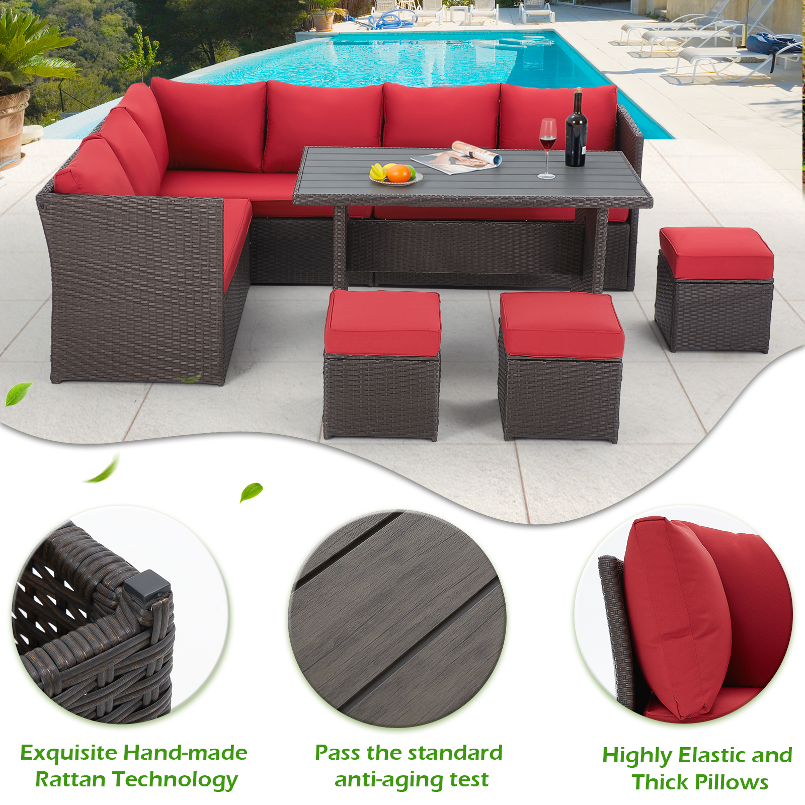 AECOJOY 7 Piece Patio Conversation Set, Outdoor Sectional Sofa Rattan Wicker Dining Furniture, Red - image 5 of 9