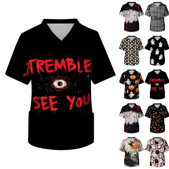 Men's Short Sleeve V Neck Halloween Print Scrub Top Chest Pocket Comfortable Fit Lightweight Material for Healthcare Work