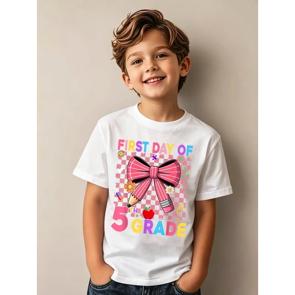 First Day of 5th Grade Coquette Back to School Girls Kids Cotton Soft Playwear Graphic T-Shirt