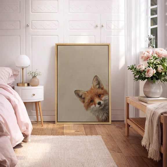 Framed Canvas Wall Art Cute Fox Portrait Print for Living Room Decoration - 16"x24" NATURAL
