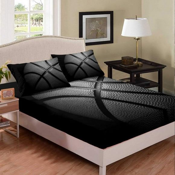 Kids Black Basketball Games Fitted Sheet, Queen Size 3D Sports Collections Basketball Gaming Theme, Soft Decorative Fabric Bedding Deep Pocket for Children Teens Young Boys Girls, with 2 Pillowcases