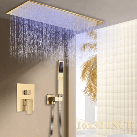 Brushed Gold Shower Faucet Set 16x32 in LED Rain Shower Head Combo Ceiling Mount