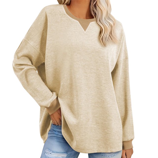 Erwazi Chandails à Manches Longues pour Femmes, Col Rond, Couleur Unie, Tunique en Tricot Gaufré