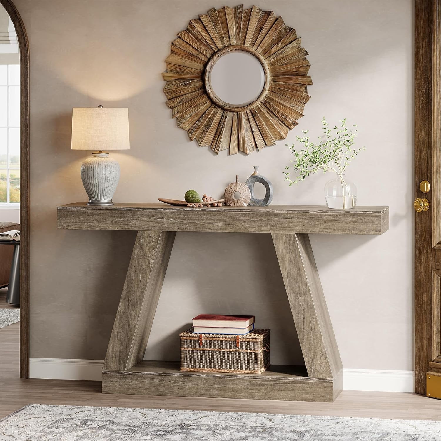 Finmind 55-inch Farmhouse Console Table，2-Tier Wood Entryway Table for Hallway, Gray